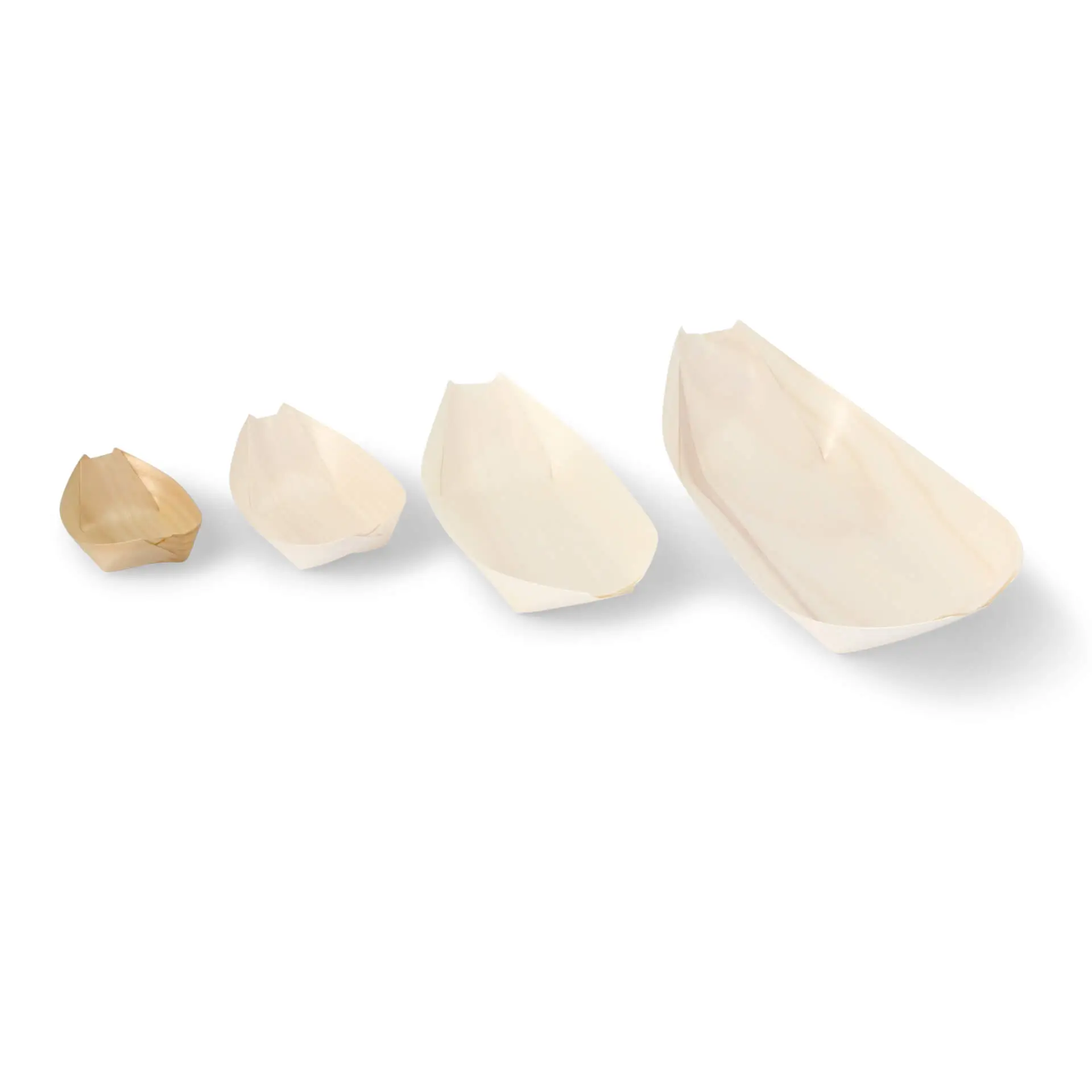 Wooden boat-shaped bowls in varying sizes, made from sustainably sourced wood, suitable for hot and cold dishes.